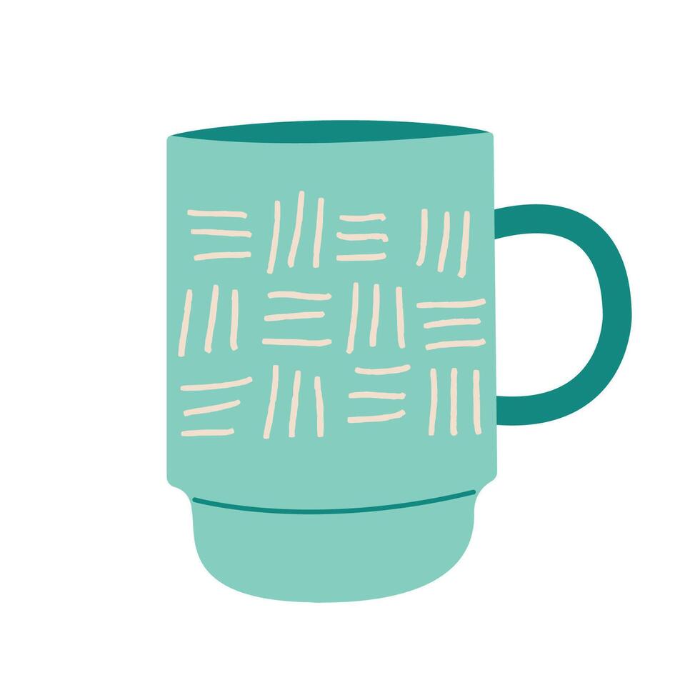 Simple modern cup decorated with lines flat illustration. Blue colored mug filling by beverages isolated. Cute trendy crockery with handle for drink. illustration in flat style. vector