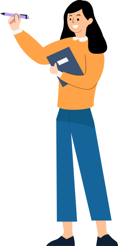 woman teacher holding pen and book with writing gesture png