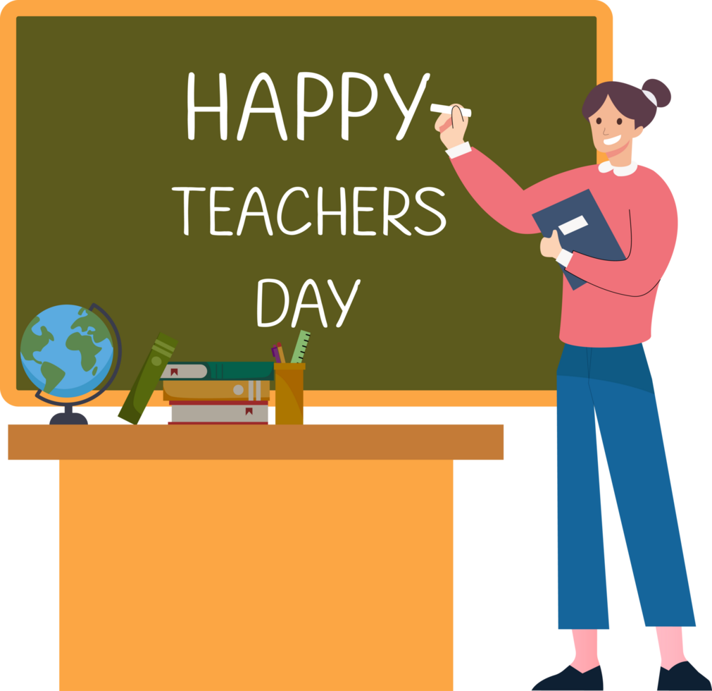 woman teacher write happy teachers day on the blackboard or teachers day flat design cartoon illustration png