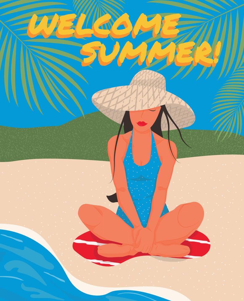 Beautiful girl in hat relaxing on the beach. Summer vacation. Seaside, palm. Banner, poster, card. illustration. vector