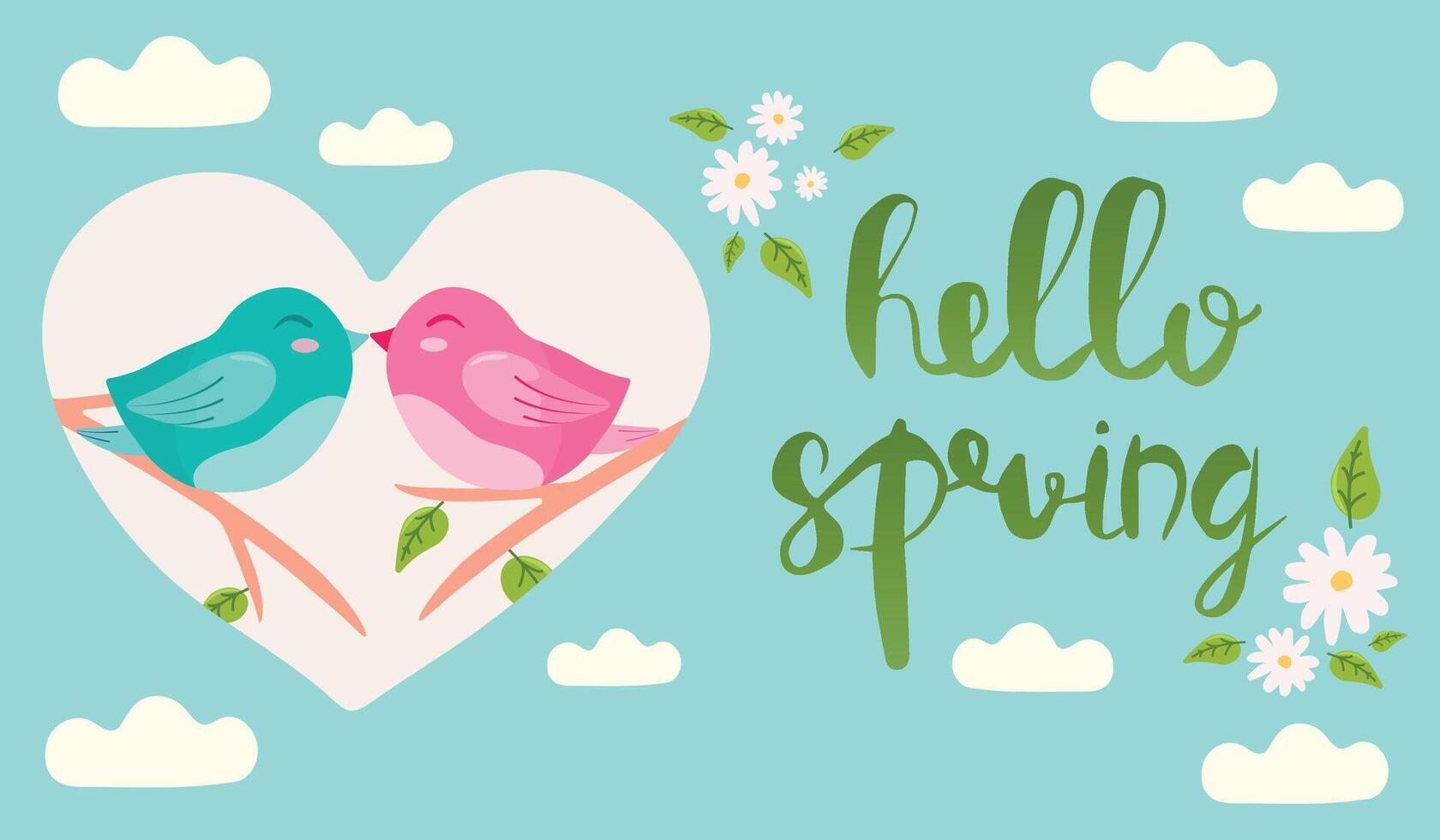 Spring card with two kissing birds on branch. Seasonal lettering hello spring, handdrawn illustration. Poster, banner, postcard vector