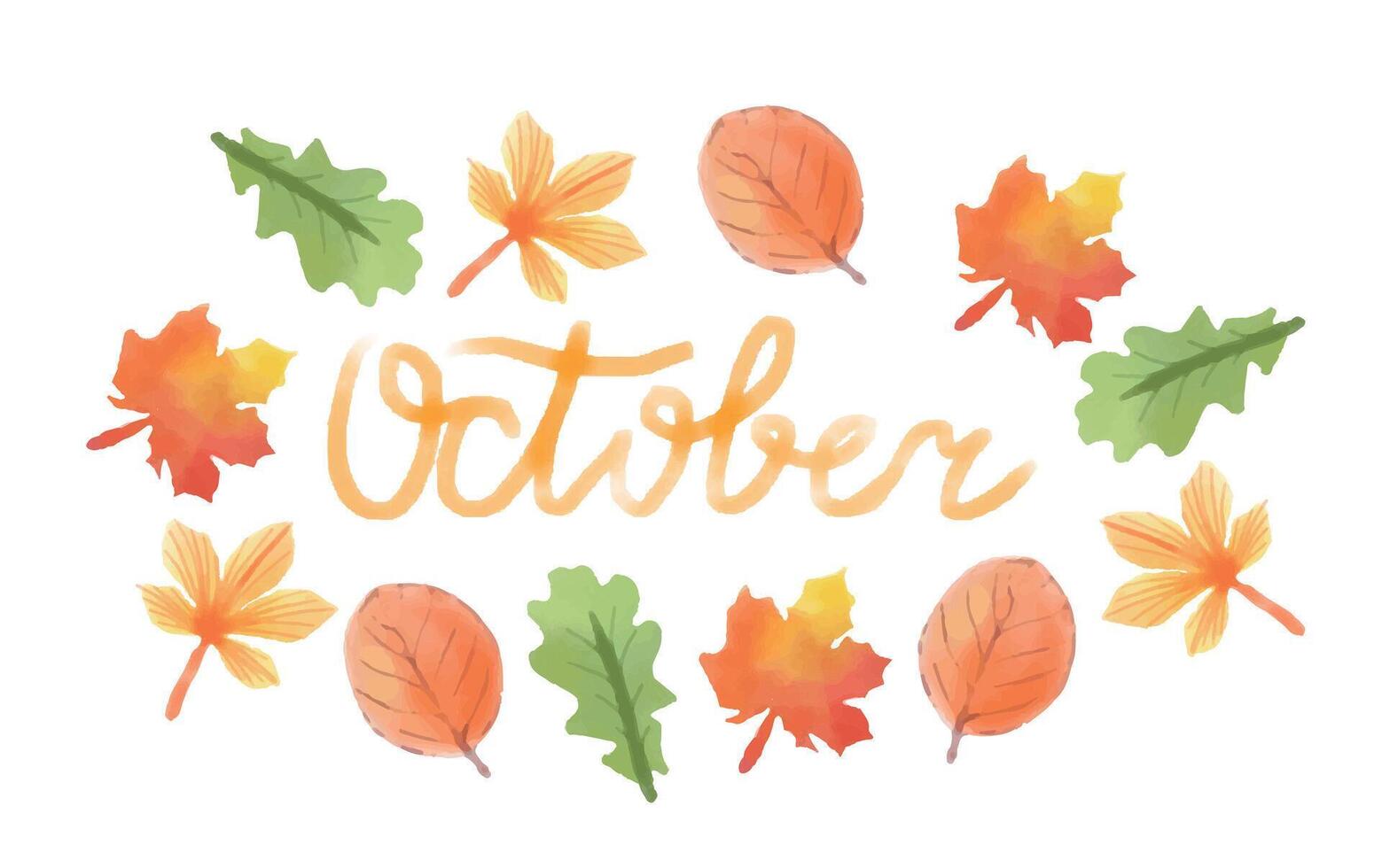 Hand written brush trendy quote October. Autumn lettering with doddle hand drawn leaves. Poster, flyer, brochure, web, advertising vector
