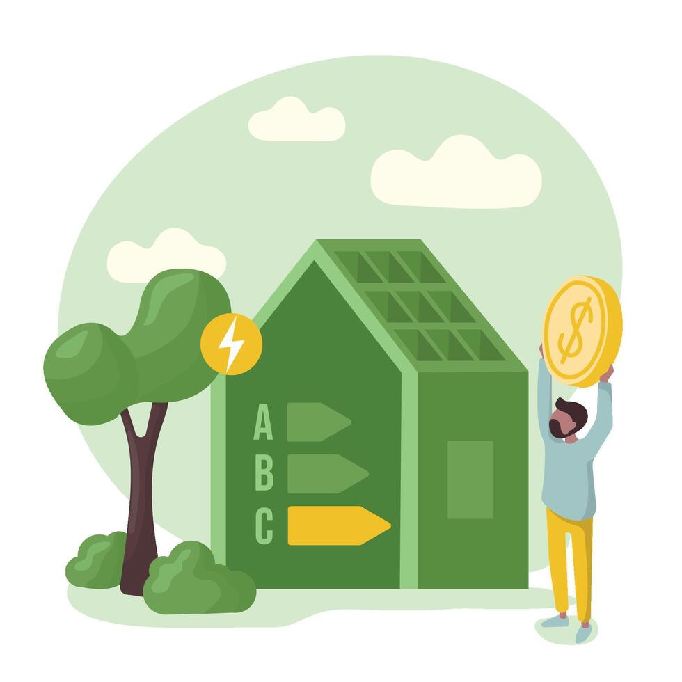 Sustainability illustration. Energy efficiency in household and industry. Person checks heating meter and calculates household utility bill. Home energy efficiency audit concept. in flat style. vector