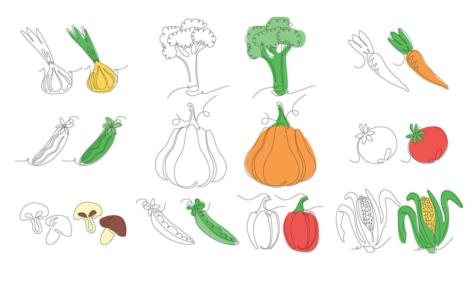 conjunto de vegetales en continuo línea Arte dibujo estilo. vegetales minimalista negro lineal bosquejo y de colores bosquejo aislado en blanco antecedentes. ilustración vector