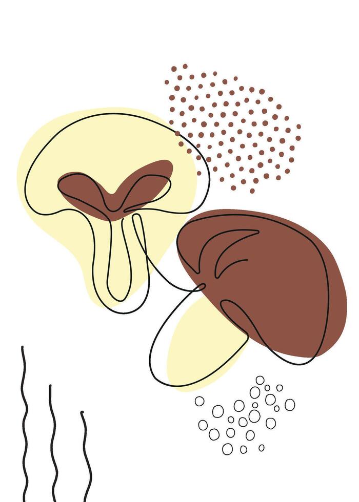 Continuous one line drawing mushrooms. illustration. Black line art on white background with colorful spots and elements. Poster in minimalism concept vector