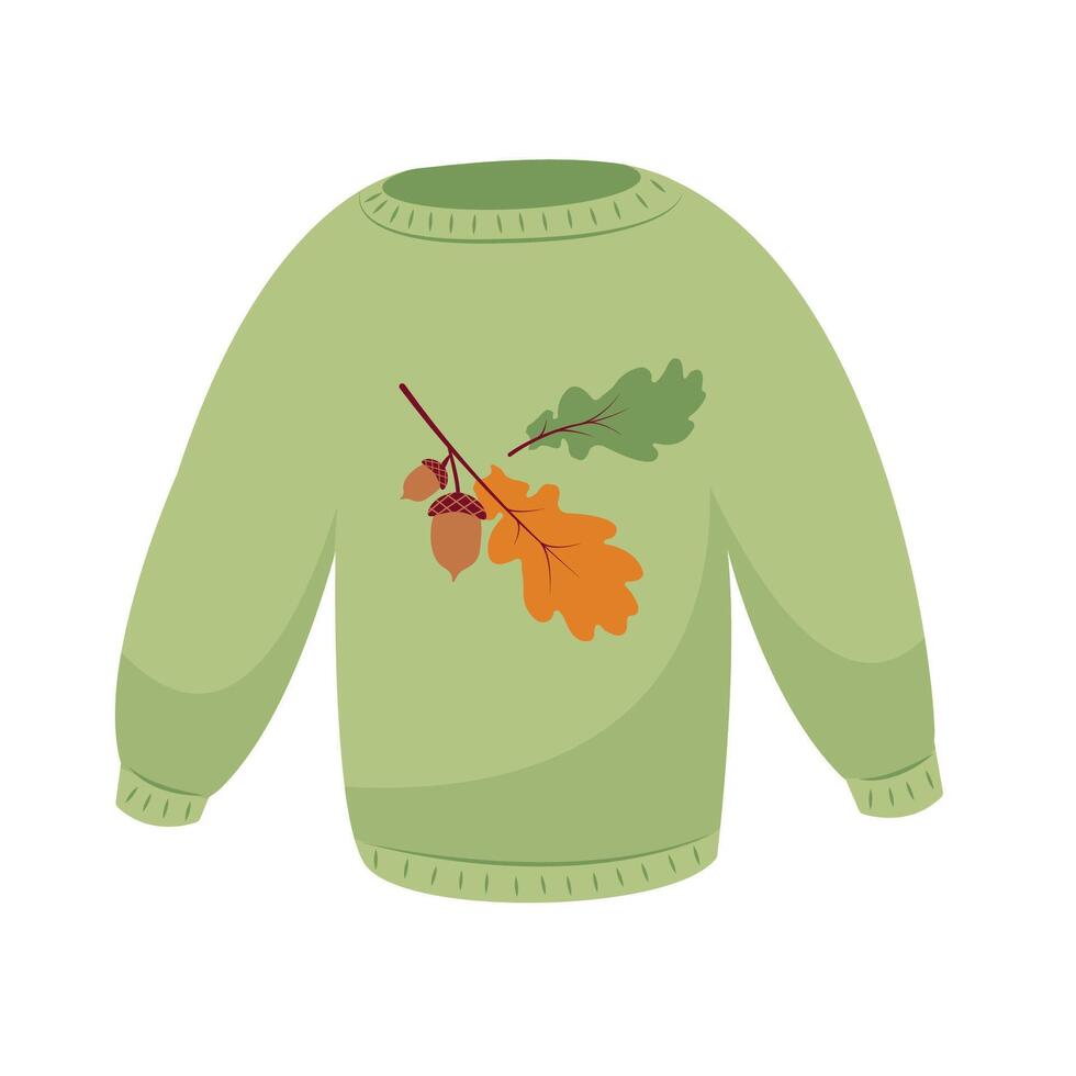 plano ilustración de acogedor calentar pull-over, camisa de entrenamiento. unisexo de punto calentar ropa, verde largo manga. plano estilo diseño, aislado . estacional cálido, acogedor ropa, artesanía, prendas de punto. vector