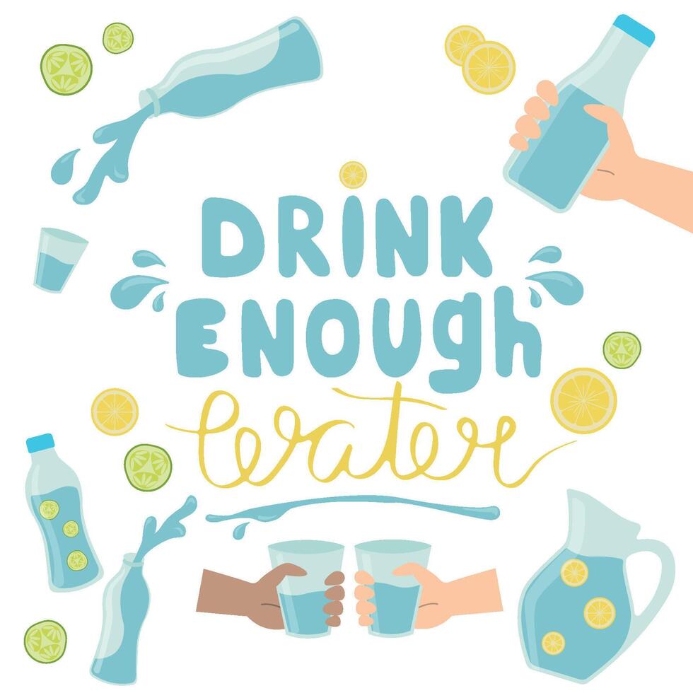Set drink enough water. Cute funny hand drawn water elements in glass and bottle, healthy rituals drink more water illustration set with lettering. Water with cucumber, lemon. vector