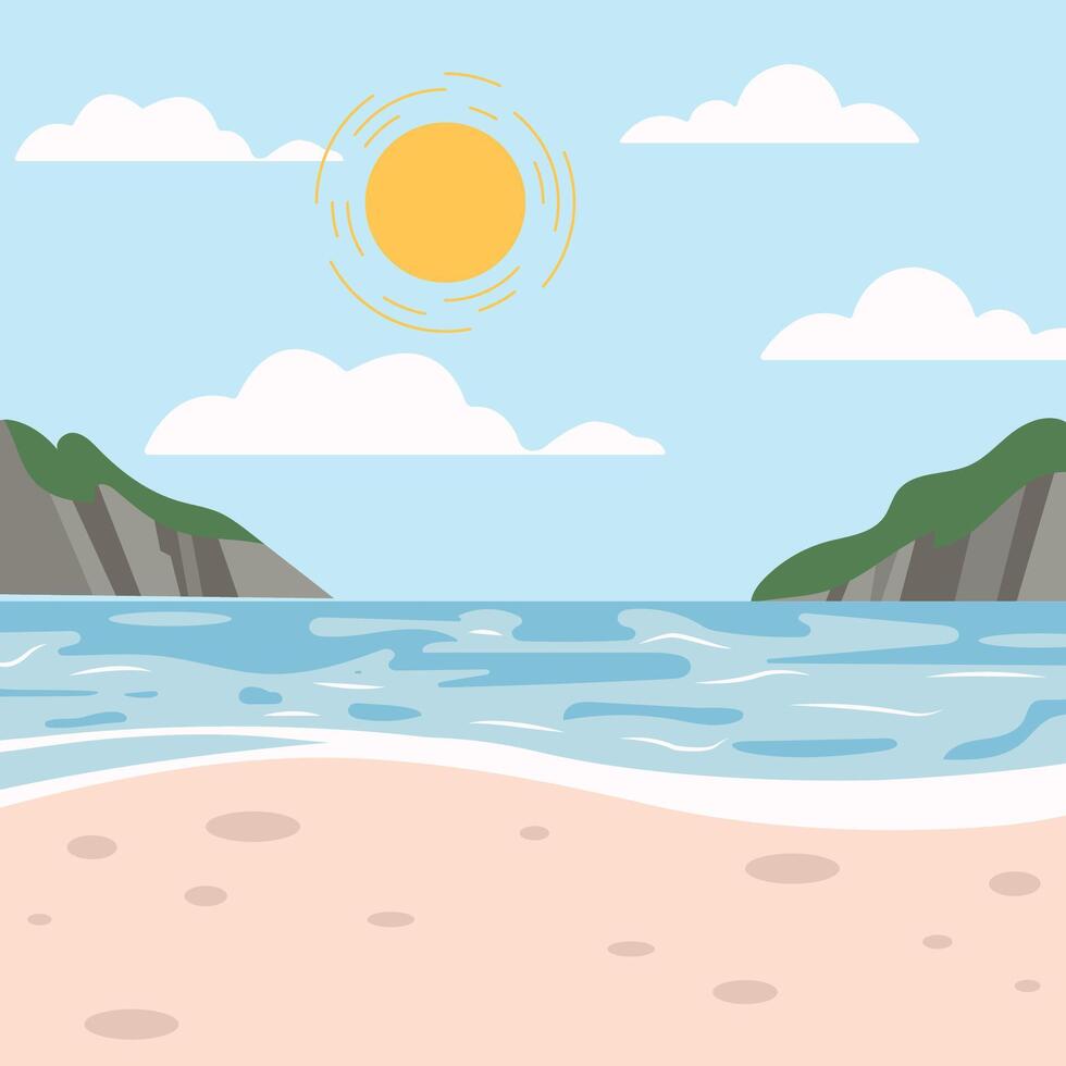 Tropical landscape of coast beautiful sea shore beach on good sunny day. illustration in flat style for poster, party holiday invitation, festive banner, card. vector