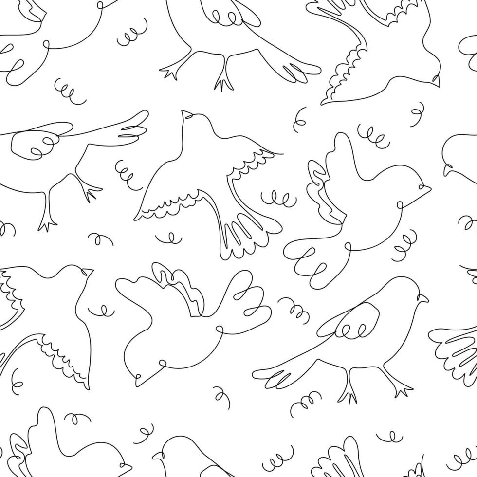 Abstract birds continuous one line drawing seamless pattern in swatches. Flying birds line art on white background in black and white colors, illustration for card, banner, poster, wallpaper. vector