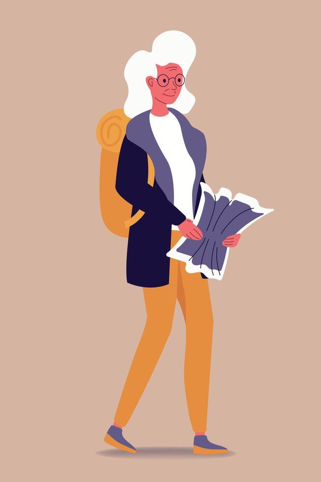 mayor mujer de viaje con carretilla bolsas. concepto de contento Jubilación. hora para descubrir nuevo lugares. contento antiguo edad. plano ilustración en dibujos animados estilo aislado vector