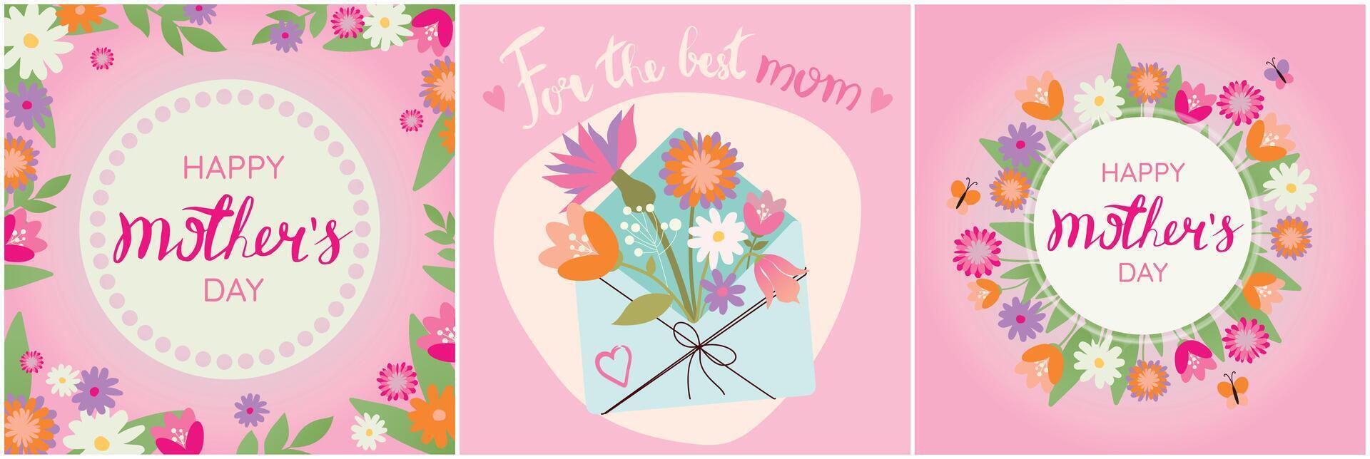 Happy Mother's day. Greeting card set with beautiful flowers and hearts on pink background. Banner or poster design template for mom's holiday vector