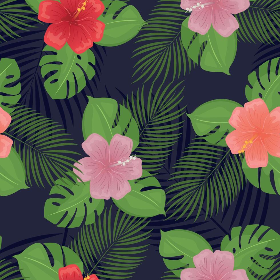Beautiful seamless Summer Vacation pattern on dark blue background. Summer plants, hand drawn style, Design for fashion, fabric, textile, and prints. Seamless pattern in swatches. vector