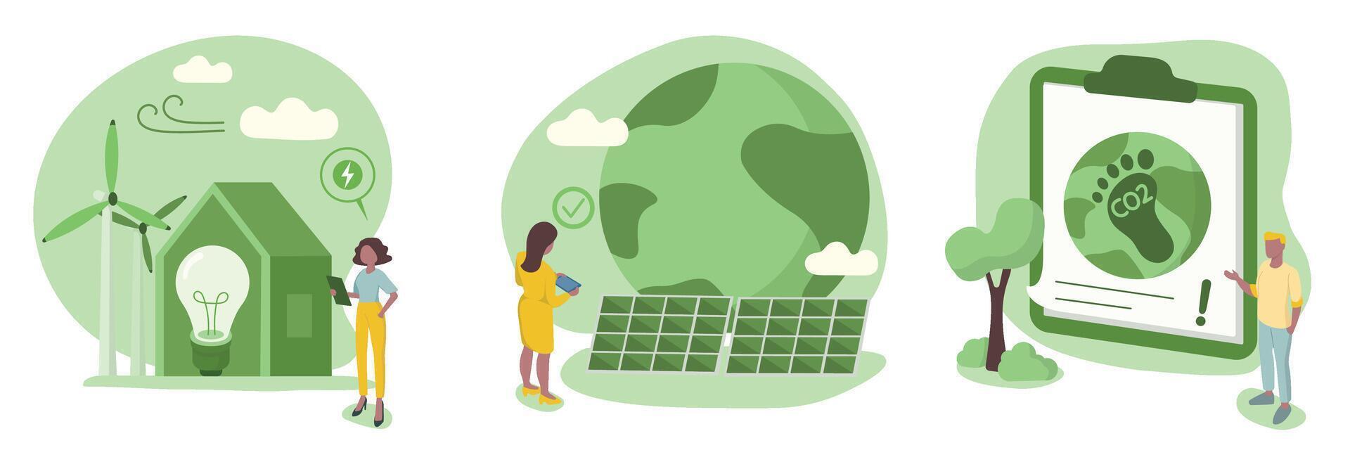 Sustainability illustration collection. Energy efficiency at home and industry. Characters using green electricity, windmills and solar panels. Reduce carbon foodprint concept. illustration. vector