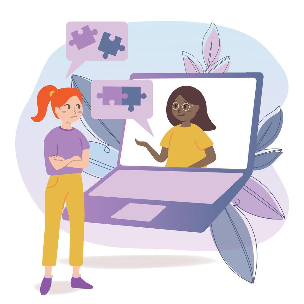 Woman consulting psychologist online. Doctor and patient discussing mental puzzle, using computer for distance talk. illustration for counseling, therapy, psychology, support concept. vector