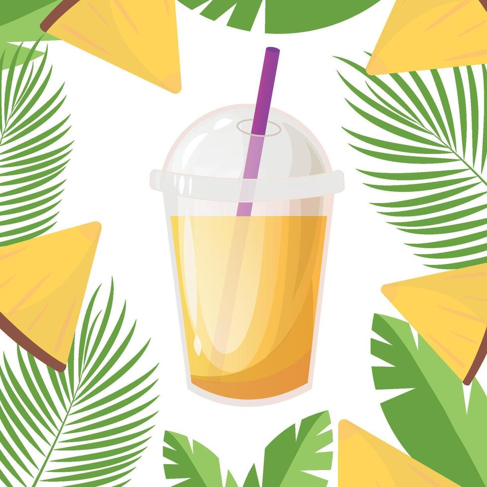 Pineapple juice or cocktail in plastic cup with sphere dome cap and cocktail tube. Fresh squeezed juice. Healthy organic food. illustration on white background and frame with tropical leaves. vector