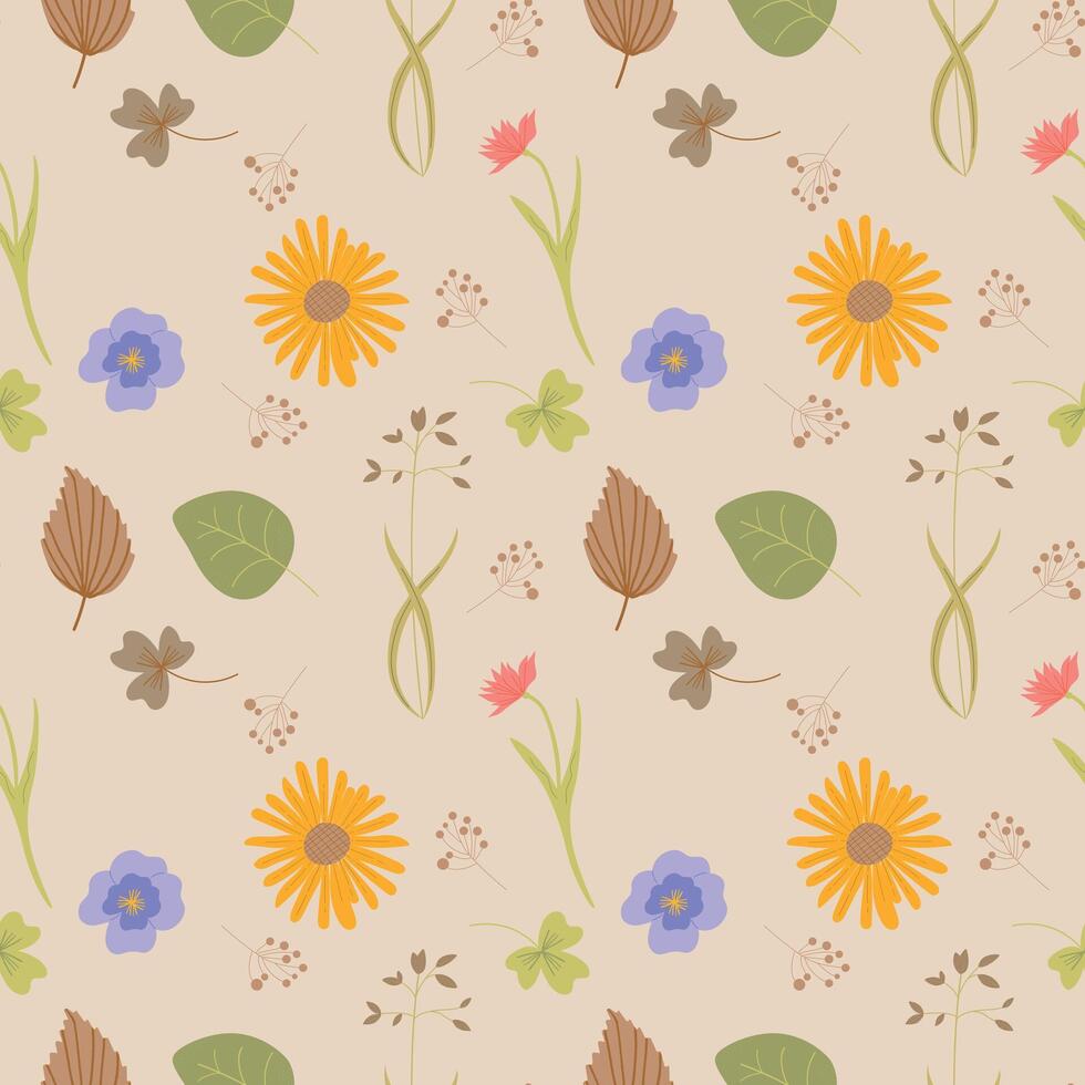 , seamless floral pattern with flowers on background. Vintage pattern for textile. Herbarium pattern for wallpaper, gift paper, web page background, greeting cards. Pattern in swatches. vector