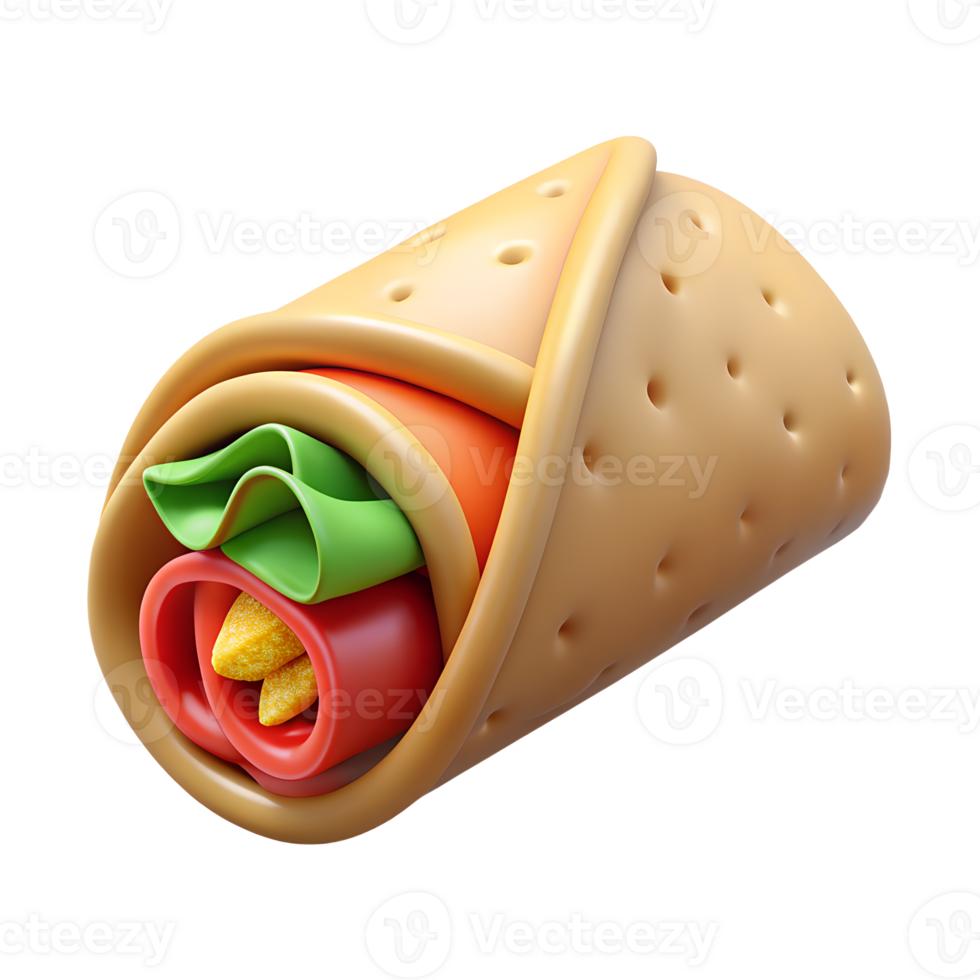 burrito with vegetables and salad leaves. 3D fast food icon on transparent background png