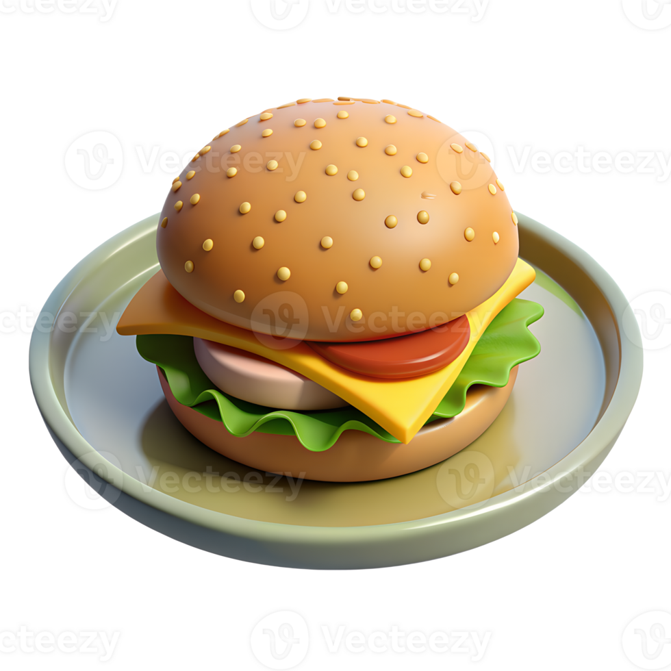 3d icoon van een hamburger Aan een bord. sappig snel voedsel hamburger met reuzel kaas en tomaten png