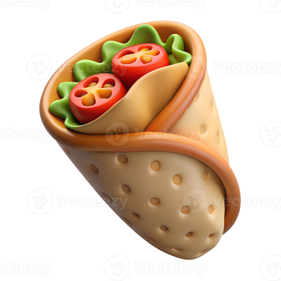 burrito with tomatoes and lettuce. 3D fast food icon on transparent background png