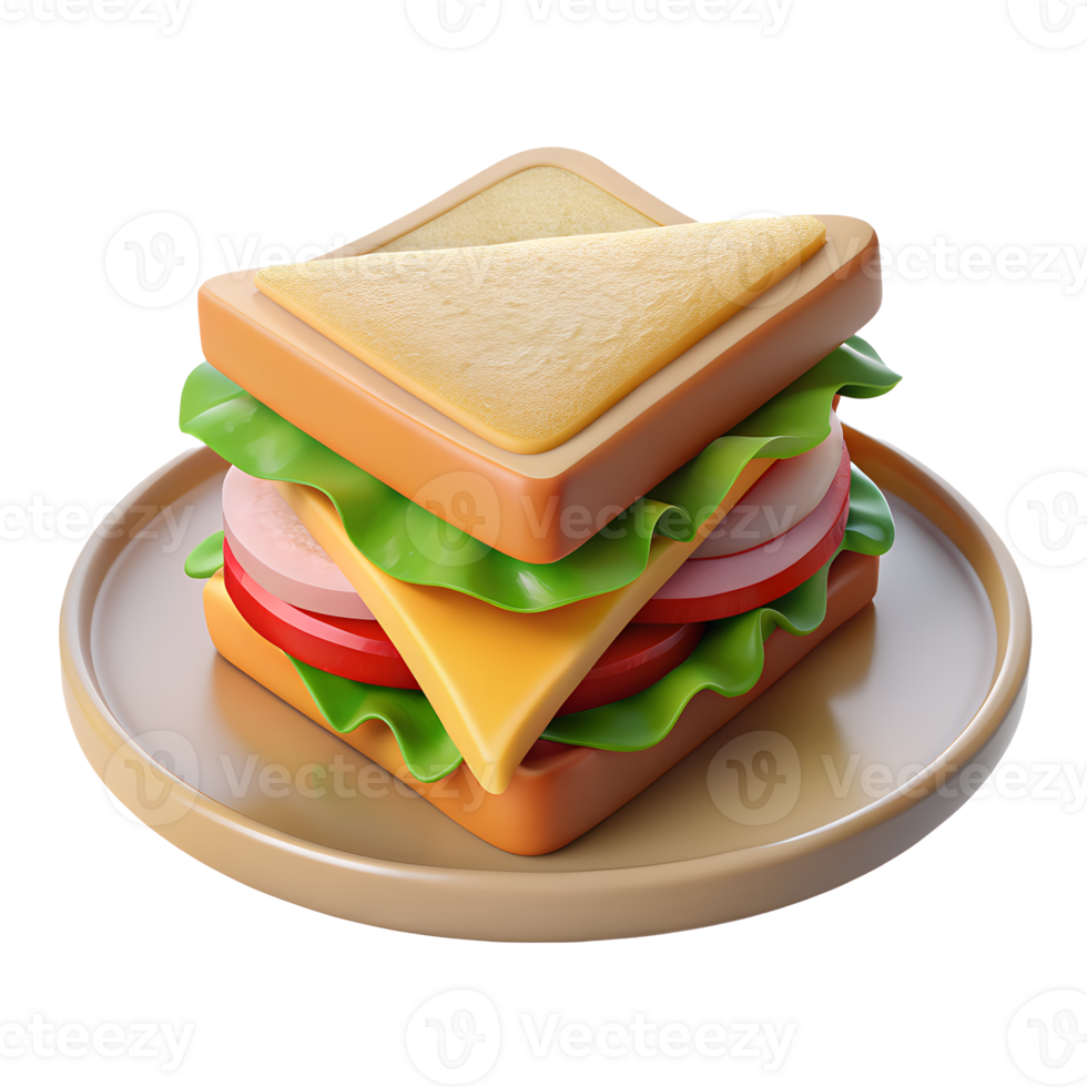 Sandwich on a plate with sausage, tomatoes, cheese and salad leaves. 3D fast food icon on transparent background png