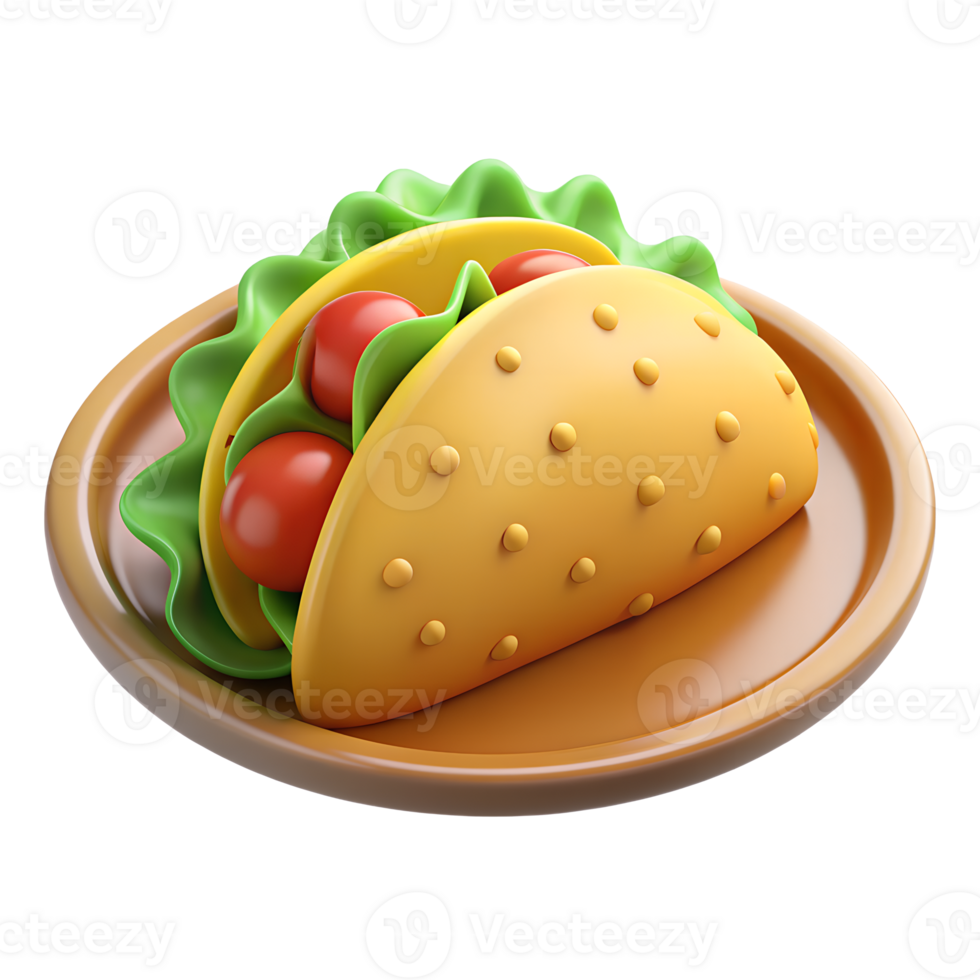 Taco mit Grüner Salat Blätter und Tomaten auf ein Platte. 3d schnell Essen Symbol auf transparent Hintergrund png