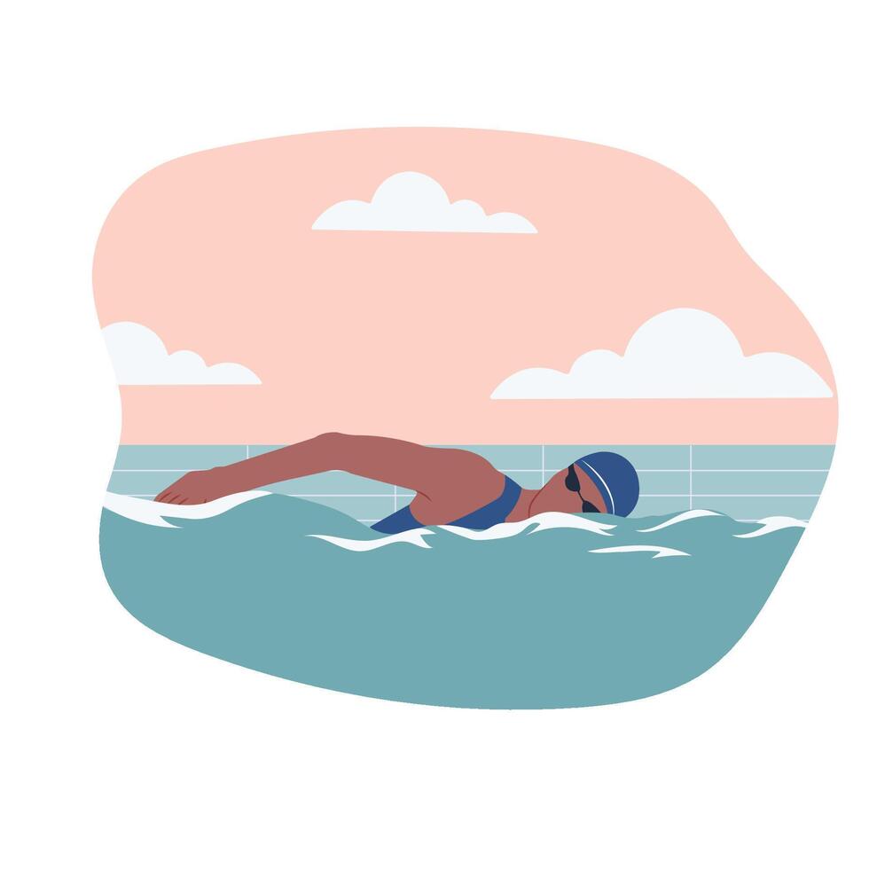 nadando hombre en piscina, nadando competencia. vistoso ilustración aislado en blanco antecedentes. dibujos animados diseño para t camisa imprimir, póster, icono, tarjeta, logo, etiqueta, bandera o pegatina. vector