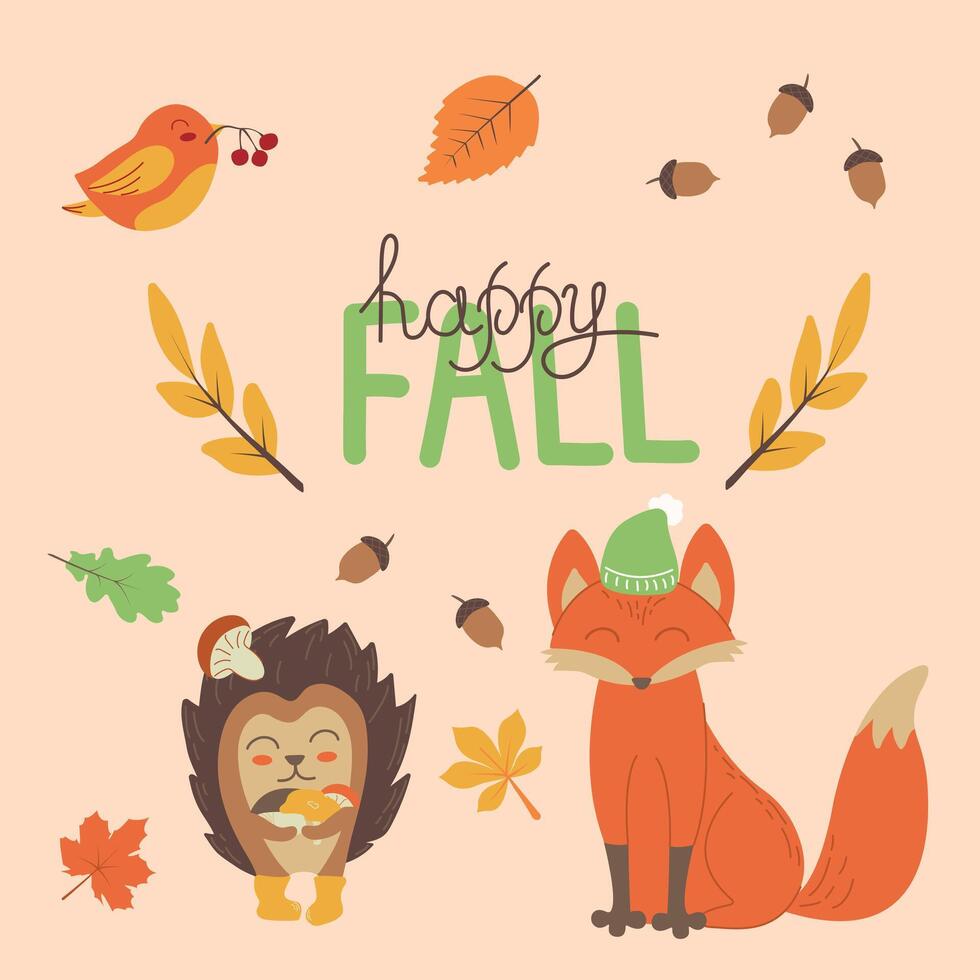 autumn background with cute little fox, bird and hedgehog, falling leaves, branches and text Happy Fall. Childish natural background with cartoon characters. vector