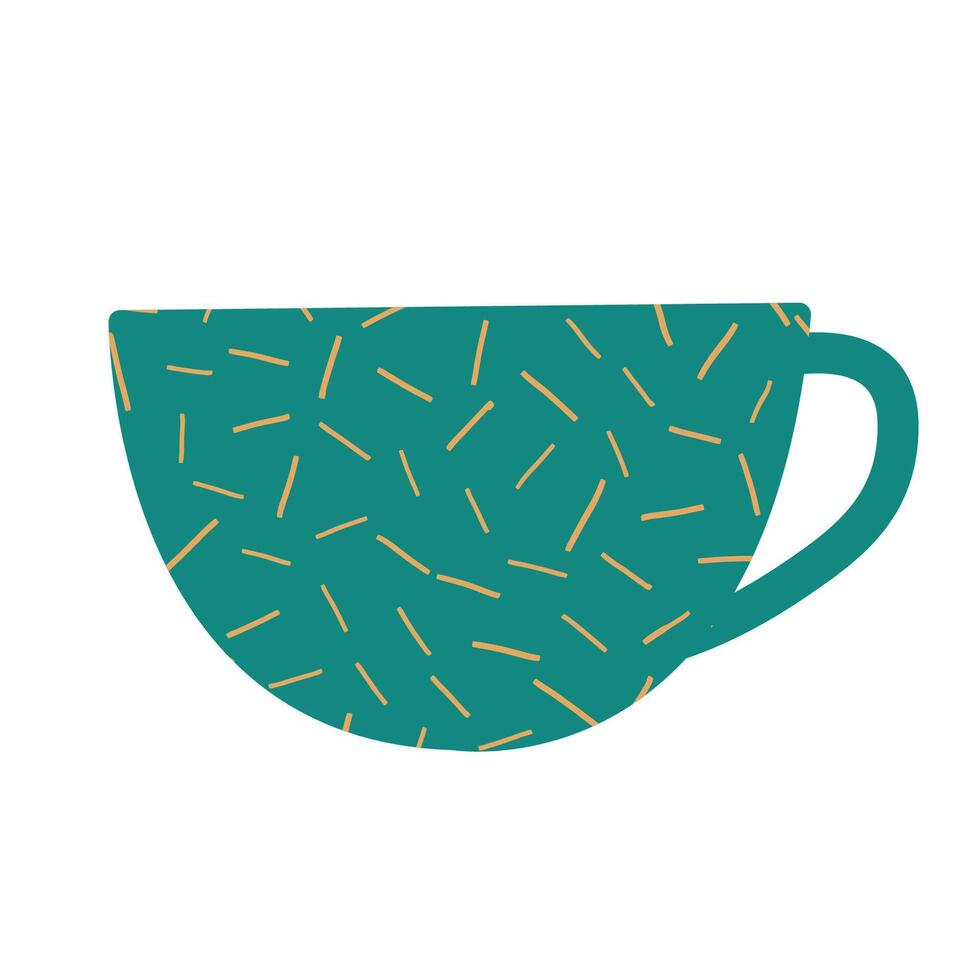 Simple modern cup decorated with lines flat illustration. Blue colored mug filling by beverages isolated. Cute trendy crockery with handle for drink. illustration in flat style. vector