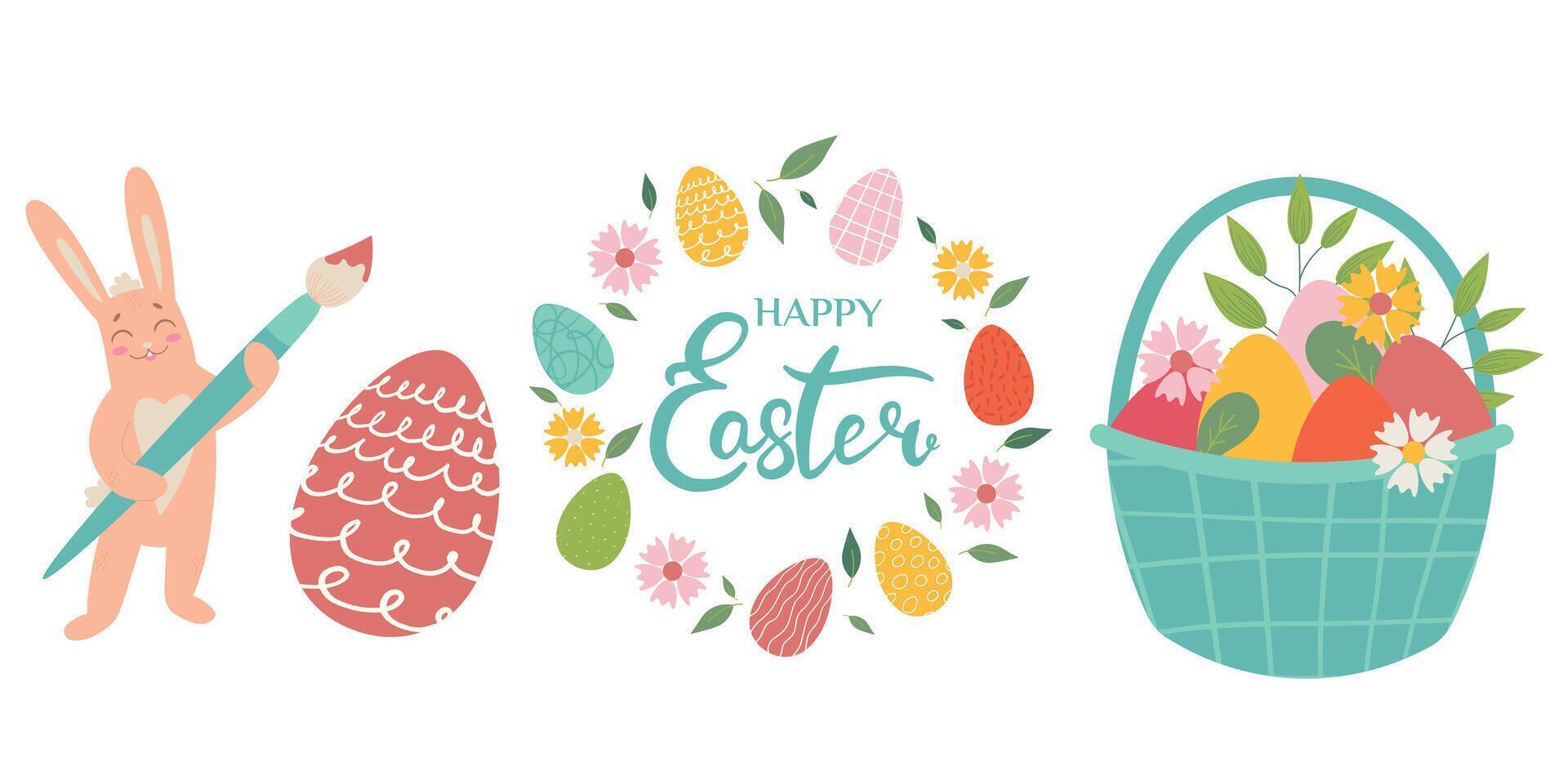 Collection of Easter elements - basket with eggs, wreath, Easter rabbit. Flat Illustration in pastel colors isolated on white background for for poster, icon, card, logo, label. vector