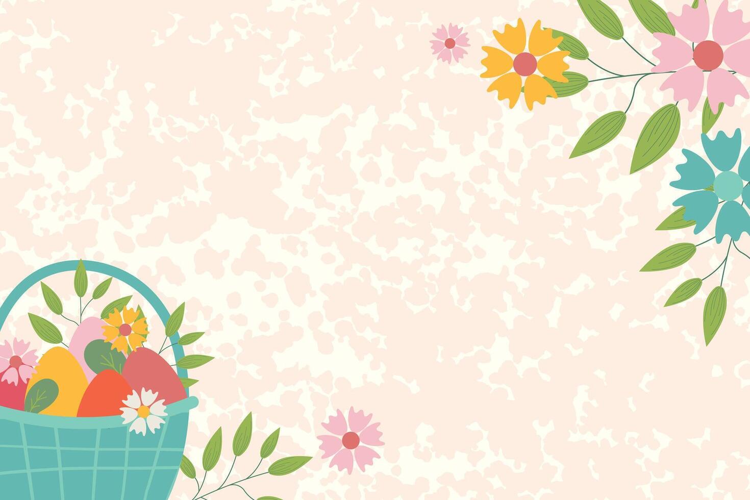 Easter background for banner, template. Trendy Easter design with flowers, basket of easter eggs, in pastel colors with texture on background. Flat illustration. vector