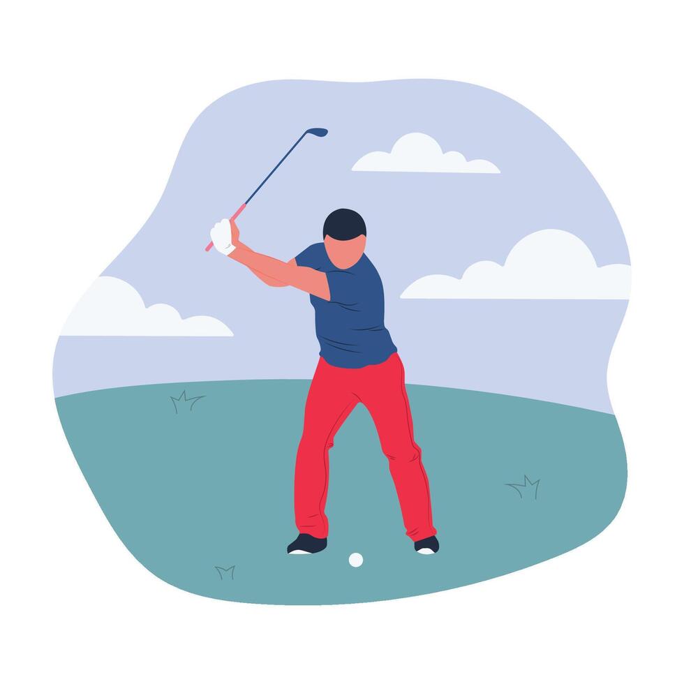 hombre jugando golf. ilustración aislado en blanco antecedentes. golf competencia. deporte concepto. dibujos animados diseño para póster, icono, tarjeta, logo, etiqueta, bandera o pegatina. vector