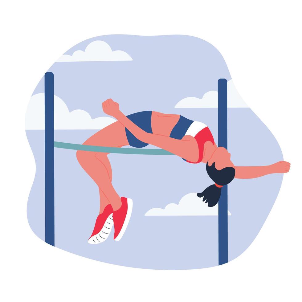 Athletic woman jumping over bar. Sports competition and high jump concepts. Female track and field athlete. Flat illustration isolated on white background. vector