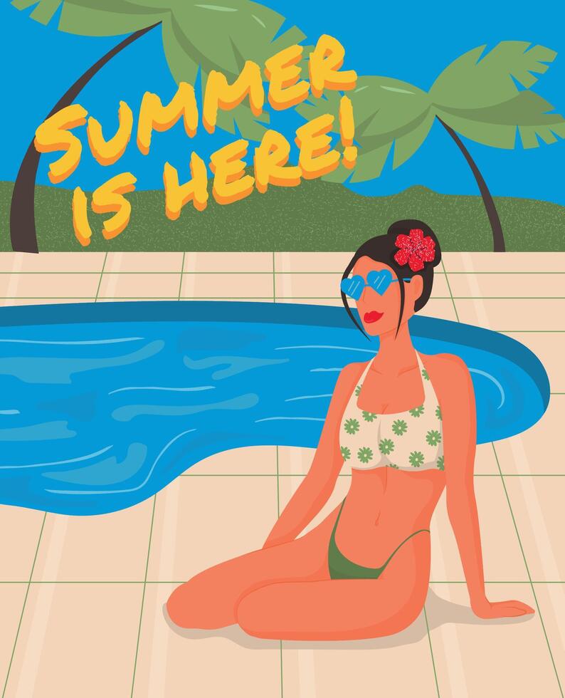Beautiful girl with flower in her hair relaxing in swimming pool. Summer vacation. Open air swimming pool. Banner. illustration vector