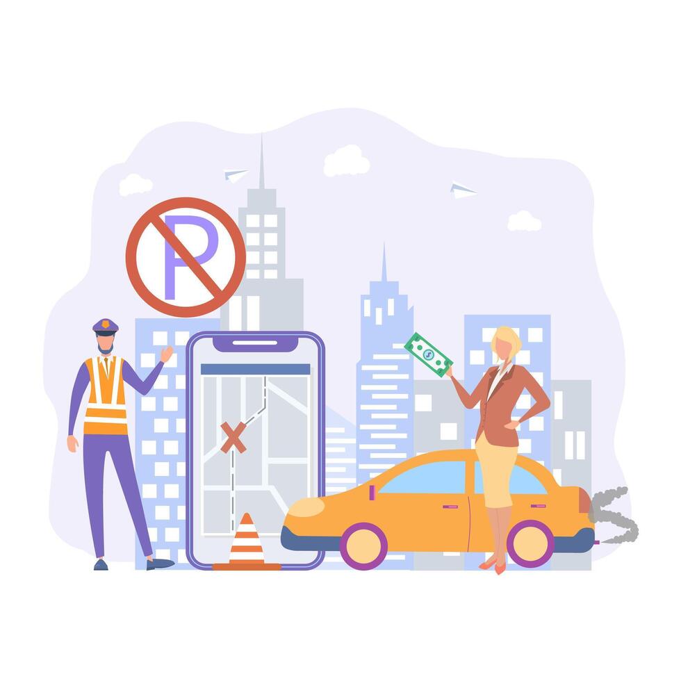 Paid parking, traffic and parking fines, fare, parking area, fine notice. Colorful illustration. vector