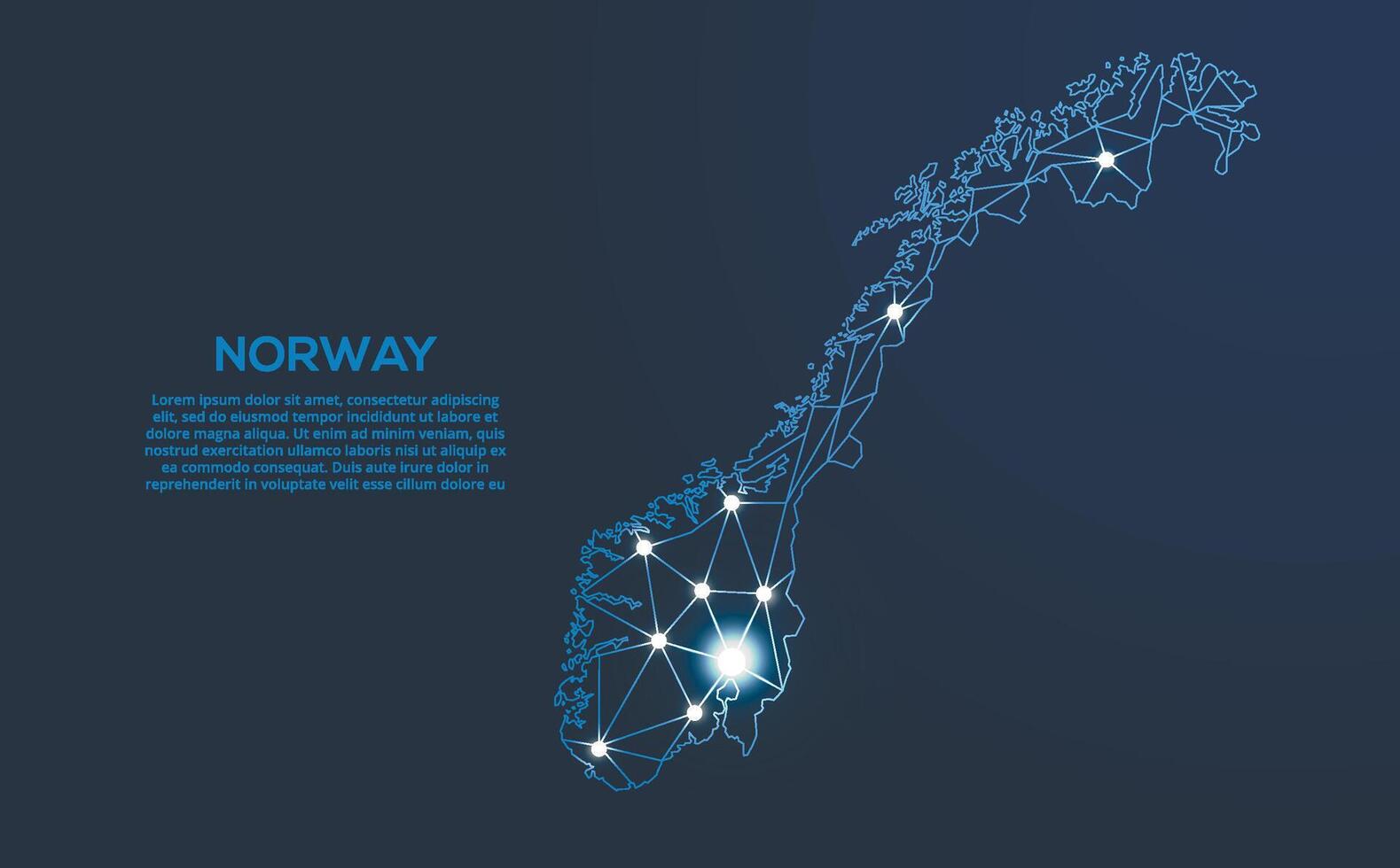 Norway communication network map. low poly image of a global map with lights in the form of cities. Map in the form of a constellation, mute and stars vector