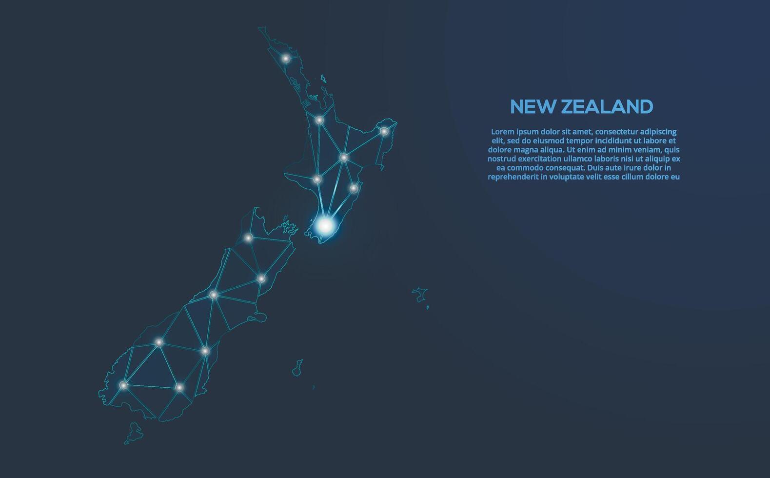 New Zealand communication network map. low poly image of a global map with lights in the form of cities. Map in the form of a constellation, mute and stars vector