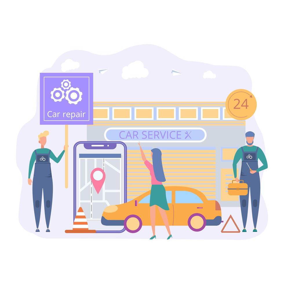 Mechanic repairing a car in the town. Departure of a specialist at the place of car breakdown. Auto service, roadside service and assistance, car hotel, car repair, round-the-clock assistance. vector