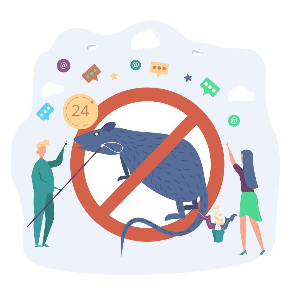 Sanitary service for catching rodents. Big rat. Equipment for the destruction of pests. Mice and rat trapping program concept. Colorful illustration. vector