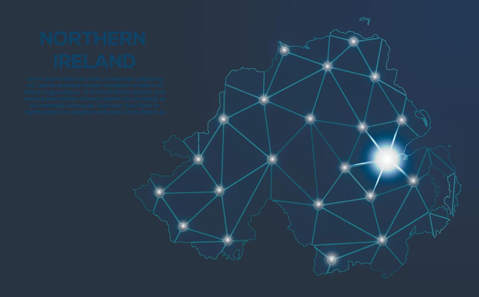 del Norte Irlanda comunicación red mapa. bajo escuela politécnica imagen de un global mapa con luces en el formar de ciudades mapa en el formar de un constelación, mudo y estrellas vector