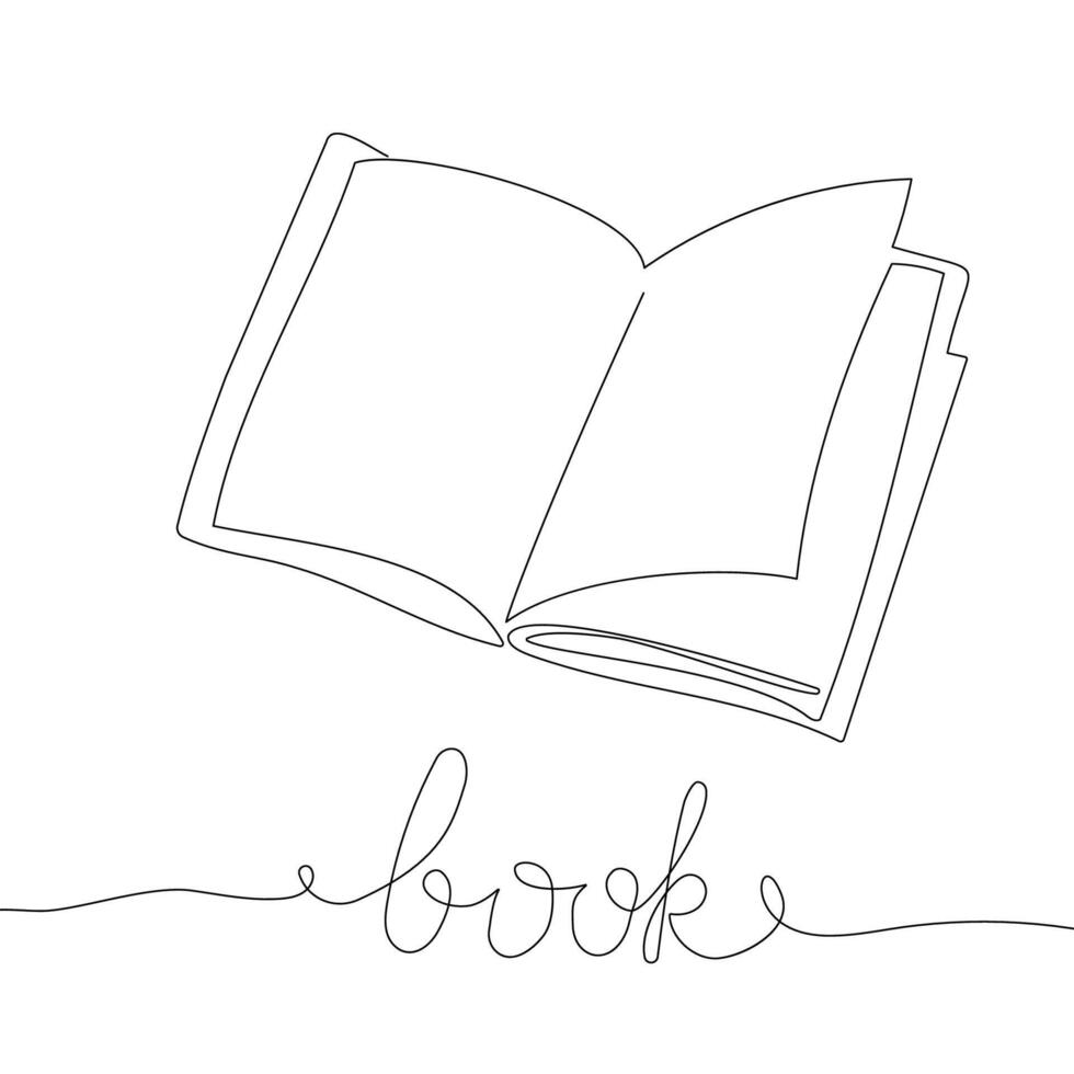 Single one line drawing of open text book for study. Back to school minimalist, education concept. Continuous simple line draw style design graphic illustration vector