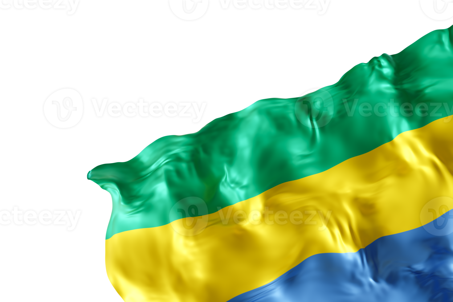 Realistic flag of Gabon with folds, on transparent background. Footer, corner design element. Cut out. Perfect for patriotic themes or national event promotions. Empty, copy space. 3D render png