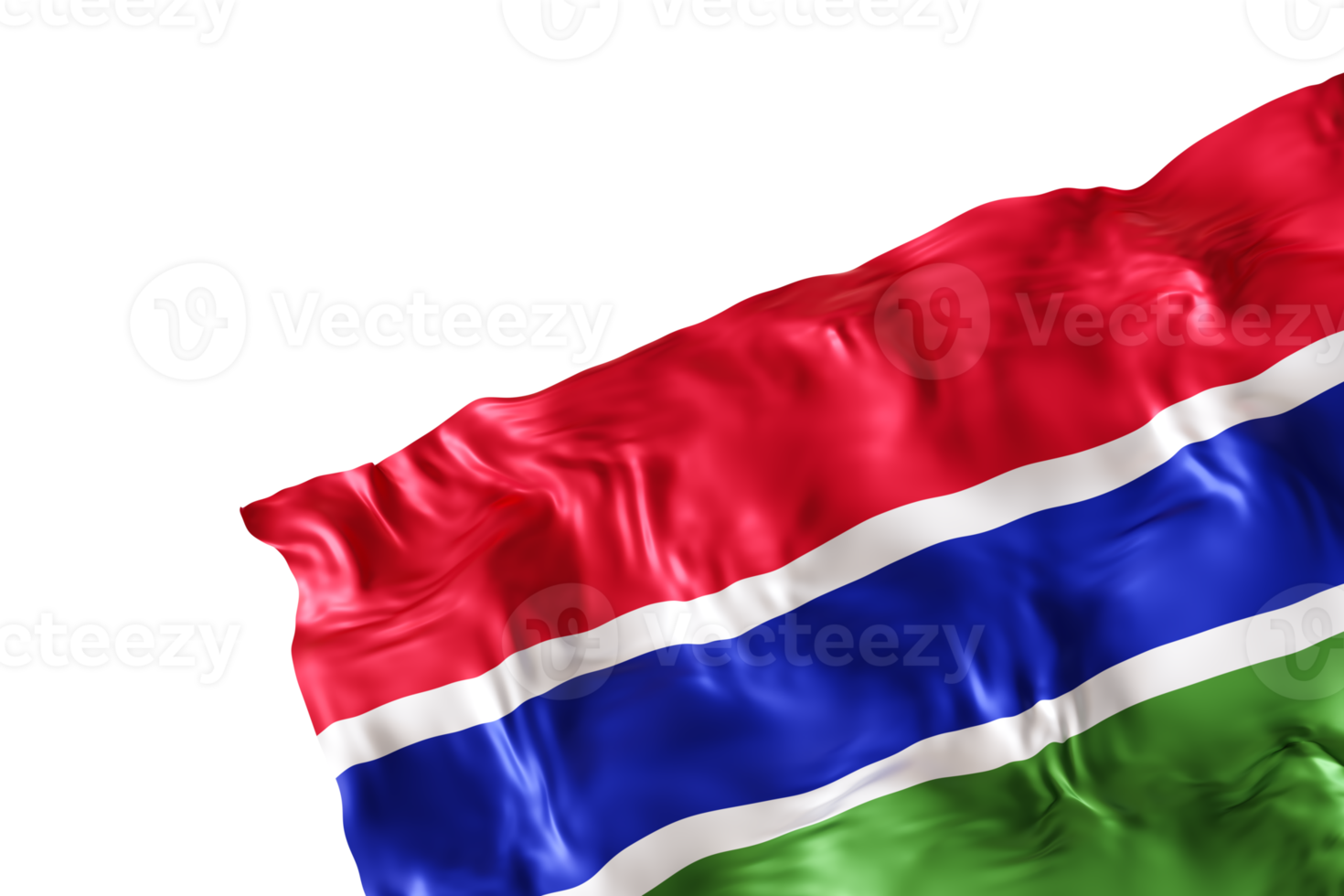 Realistic flag of Gambia with folds, on transparent background. Footer, corner design element. Cut out. Perfect for patriotic themes or national event promotions. Empty, copy space. 3D render png