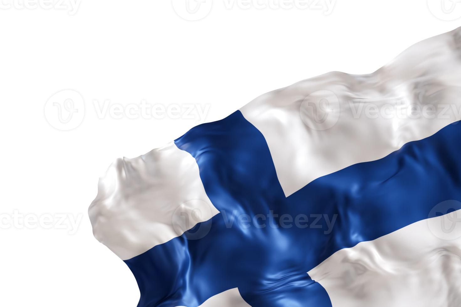 Realistic flag of Finland with folds, on transparent background. Footer, corner design element. Cut out. Perfect for patriotic themes or national event promotions. Empty, copy space. 3D render png