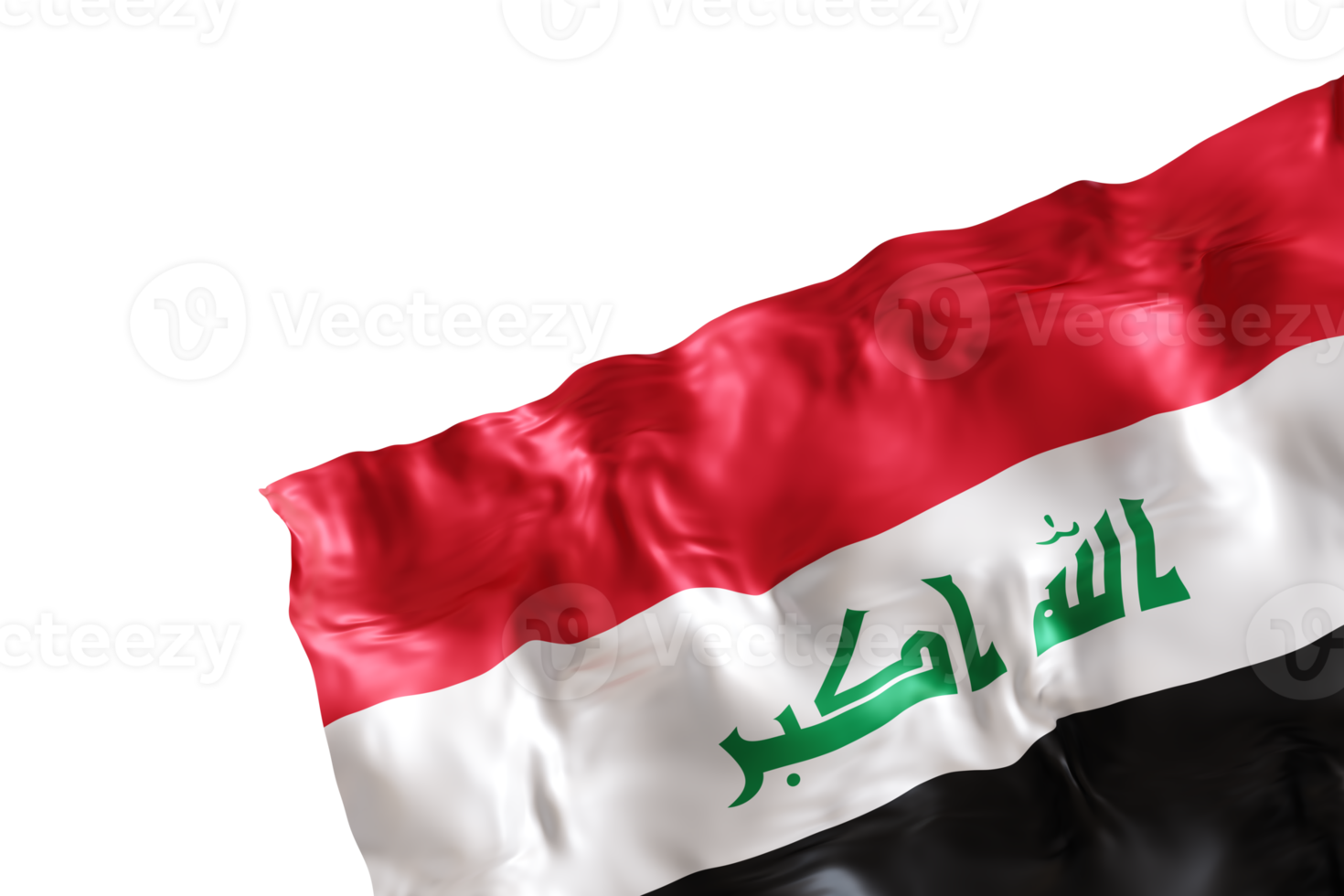 Realistic flag of Iraq with folds, on transparent background. Footer, corner design element. Cut out. Perfect for patriotic themes or national event promotions. Empty, copy space. 3D render png