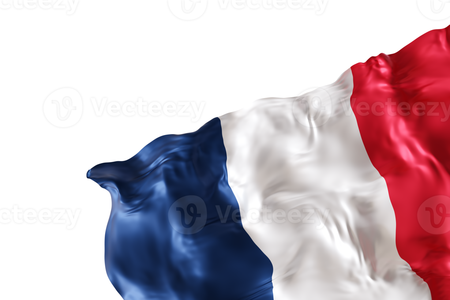 Realistic flag of France with folds, on transparent background. Footer, corner design element. Cut out. Perfect for patriotic themes or national event promotions. Empty, copy space. 3D render png