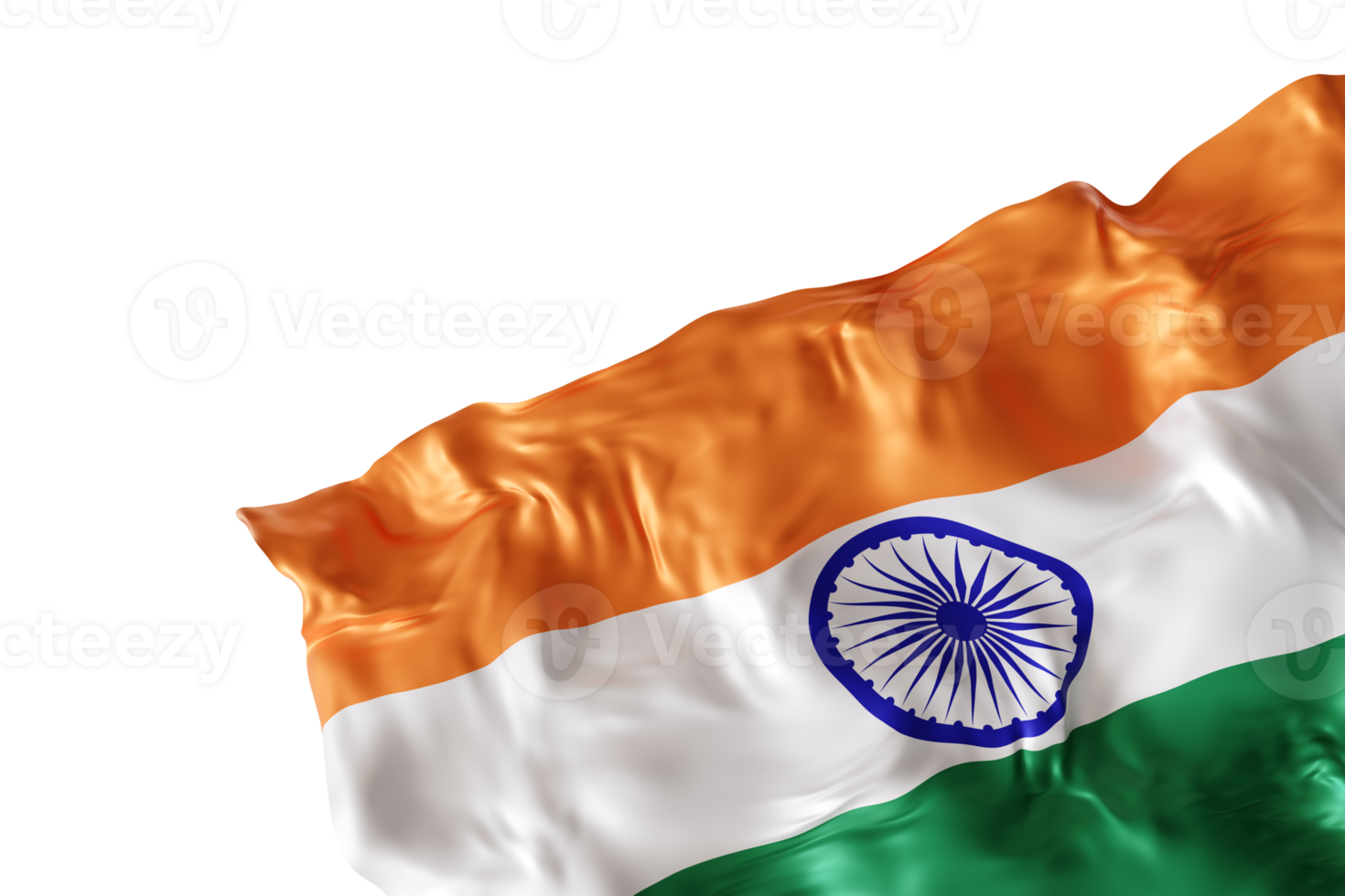 Realistic flag of India with folds, on transparent background. Footer, corner design element. Cut out. Perfect for patriotic themes or national event promotions. Empty, copy space. 3D render png