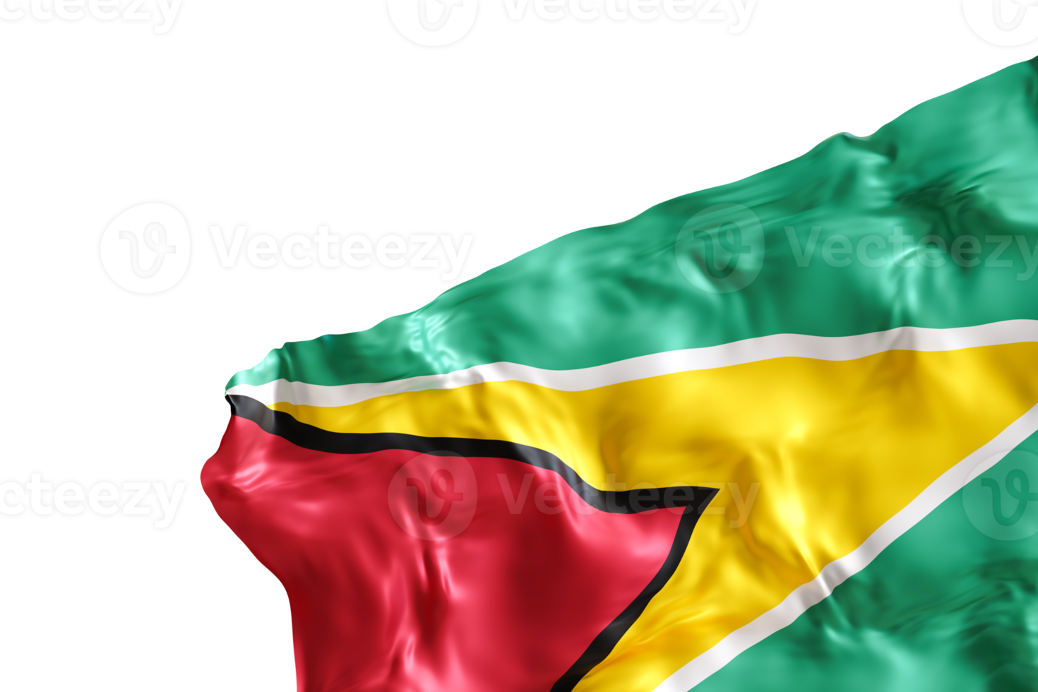 Realistic flag of Guyana with folds, on transparent background. Footer, corner design element. Cut out. Perfect for patriotic themes or national event promotions. Empty, copy space. 3D render png