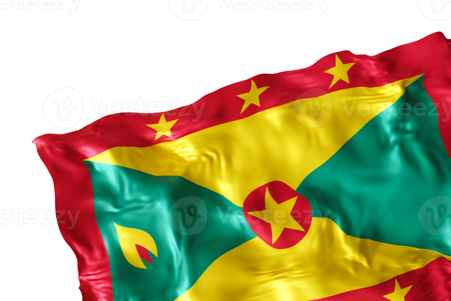 Realistic flag of Grenada with folds, on transparent background. Footer, corner design element. Cut out. Perfect for patriotic themes or national event promotions. Empty, copy space. 3D render png