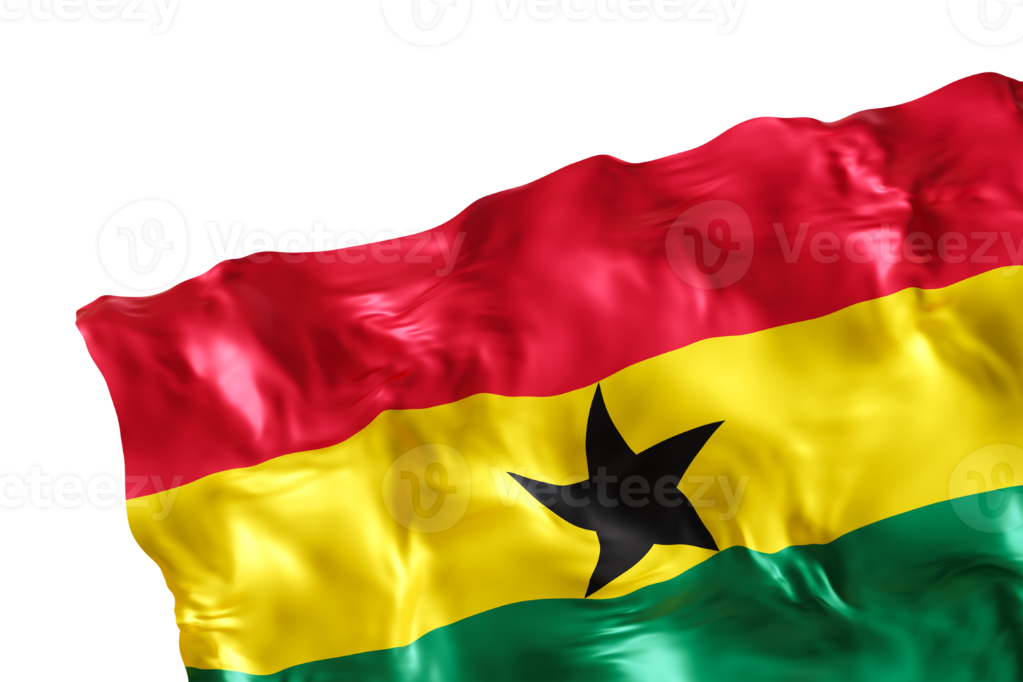 Realistic flag of Ghana with folds, on transparent background. Footer, corner design element. Cut out. Perfect for patriotic themes or national event promotions. Empty, copy space. 3D render png