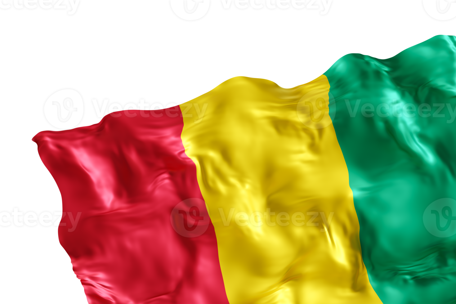 Realistic flag of Guinea with folds, on transparent background. Footer, corner design element. Cut out. Perfect for patriotic themes or national event promotions. Empty, copy space. 3D render png